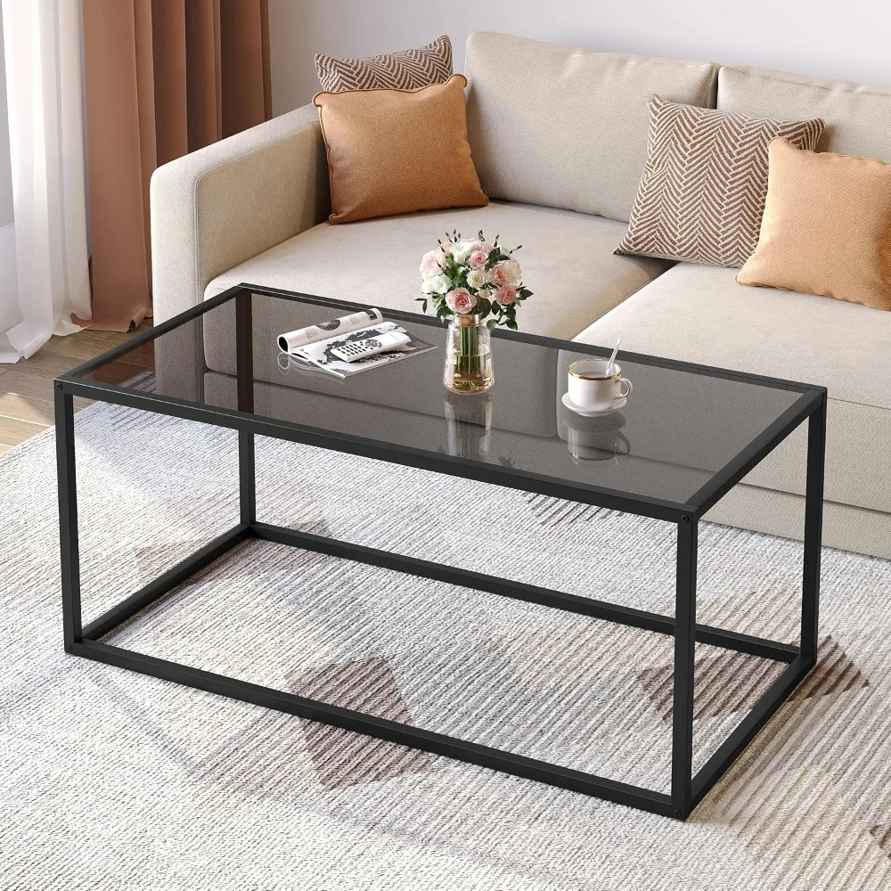 

Modern Rectangular Glass Coffee Table with Open Shelf Gray Black 39.3 x 19.7 x 17.7 Inches