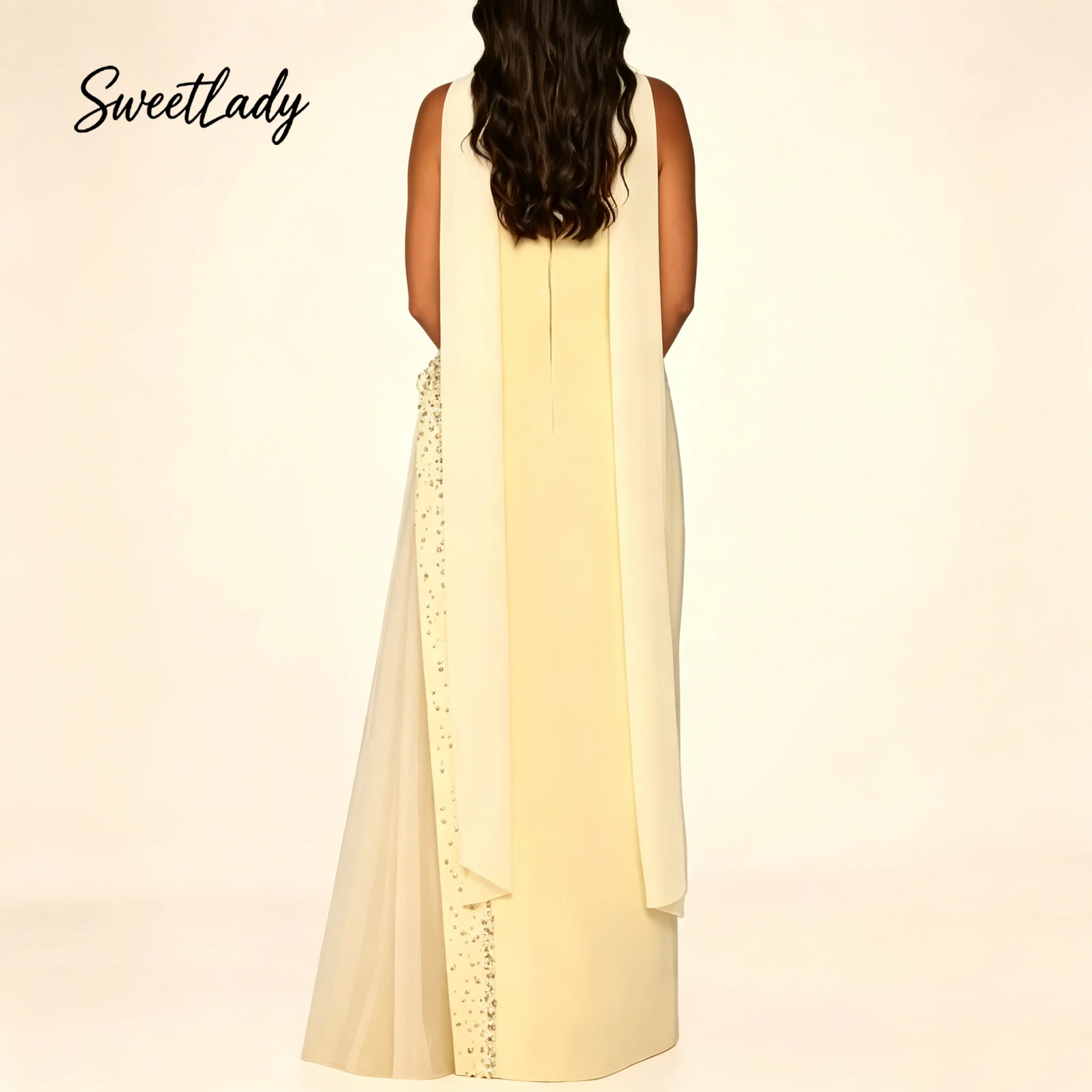 Custom Strapless Sheath Prom Dresses Sequined Side Panel Tulle Overlay Chiffon Scarf Formal Evening Gowns Dubai Party Dresses