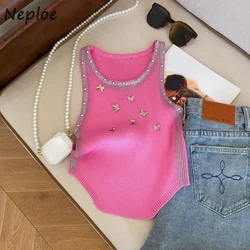 Neploe 2024 Summer New Knitted Vest for Women Fashion Sweet Butterfly Diamond Tank Top Y2k O-neck Sleeveless Tops Mujer