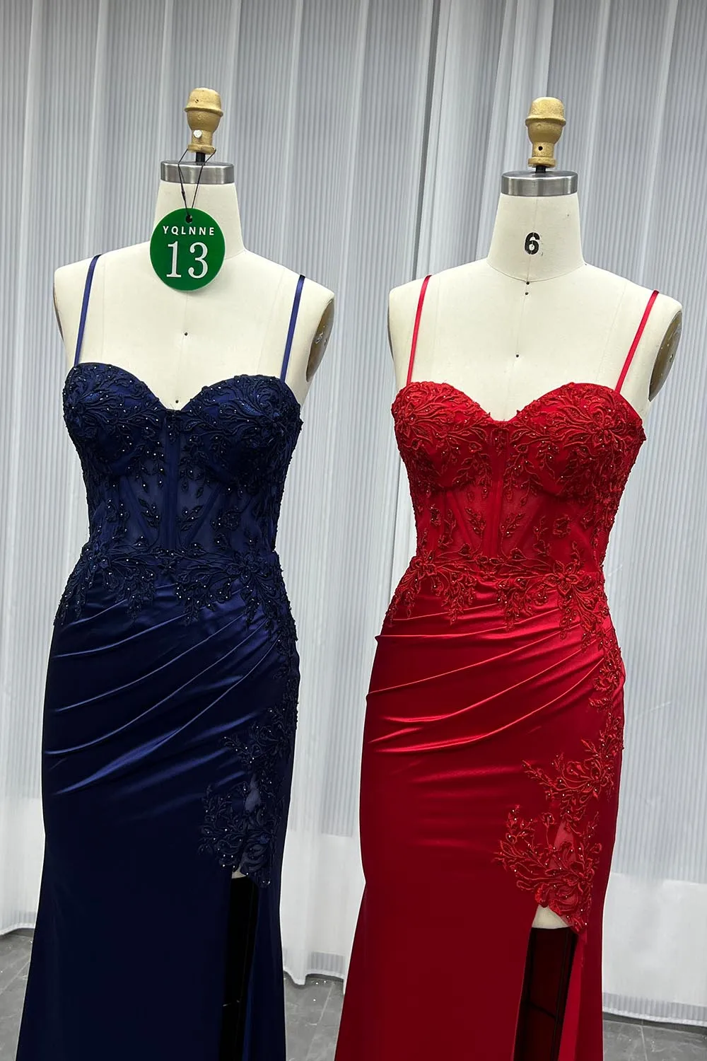 YQLNNE فساتين حفلة موسيقية بفتحة طويلة بحمالات كحلي مزينة بالدانتيل وحفلات رسمية