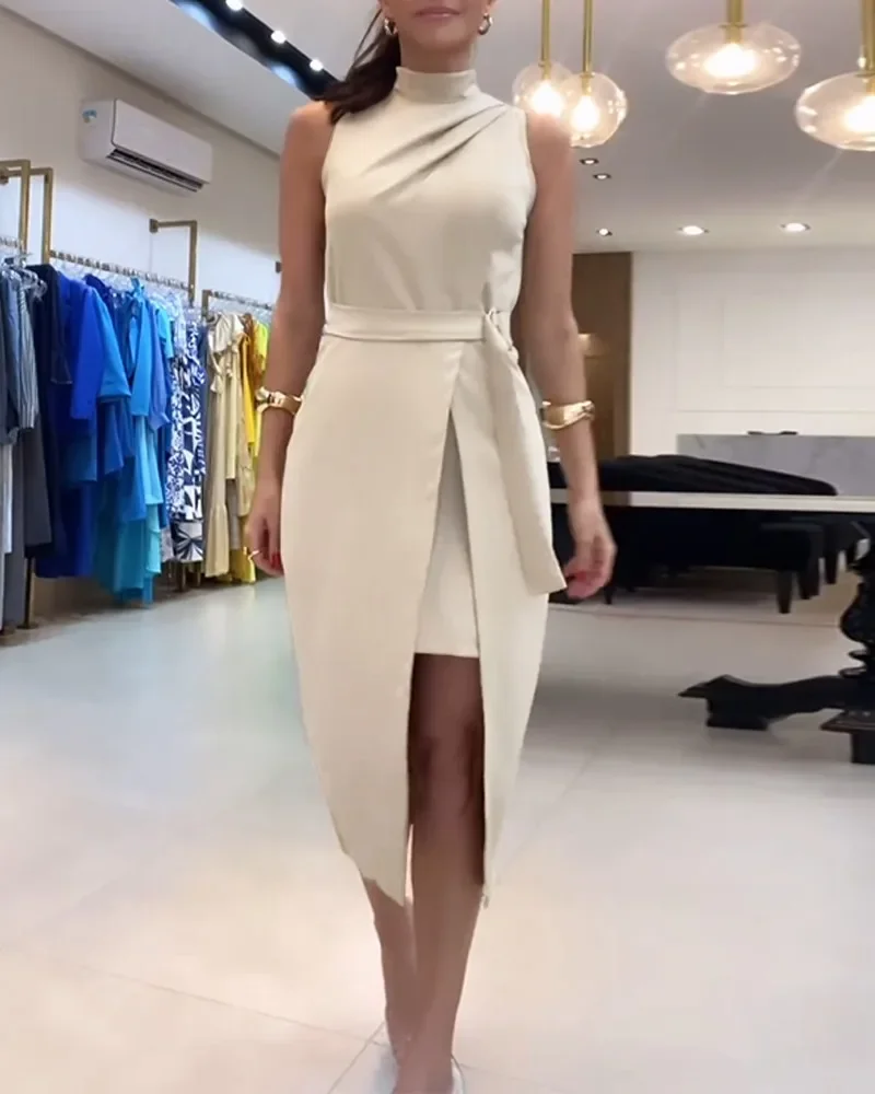 

Summer New Female Fashion Pullover Hip Wrap Dresses Ruched Sleeveless Slit Fake Midi Split Dress