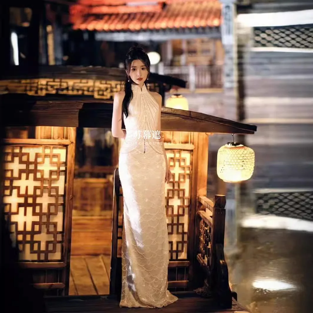 New Chinese Style Morning Gowns Dress Halter Cold-Shoulder Sleeveless National Improved Pearl Cheongsam Banquet Evening