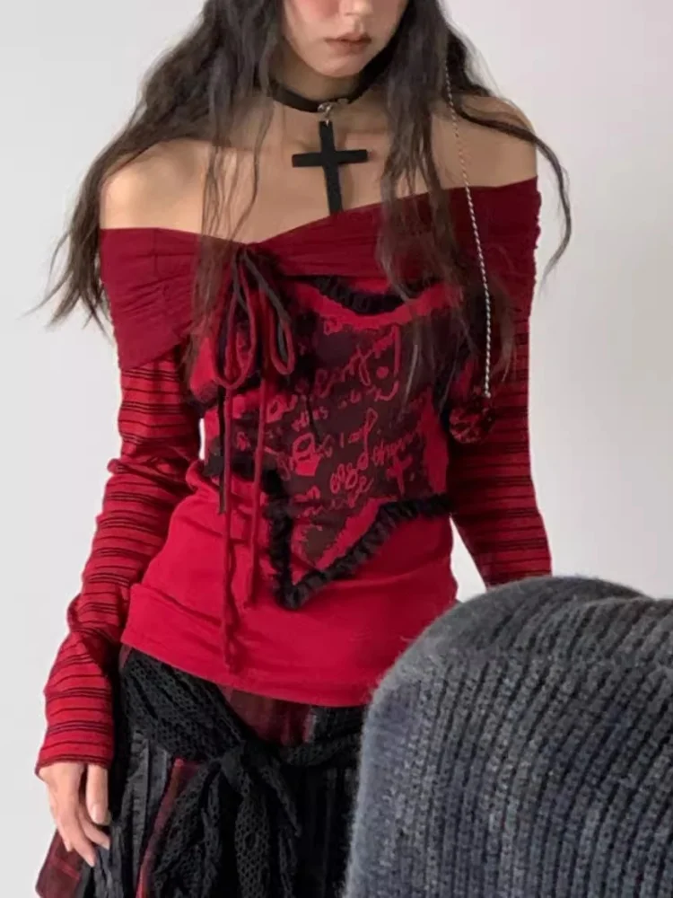 Camisetas góticas con hombros descubiertos para mujer, Harajuku rojo a rayas, estética japonesa Y2k, Top de manga larga, camisetas góticas Vintage sexis de Hip Hop