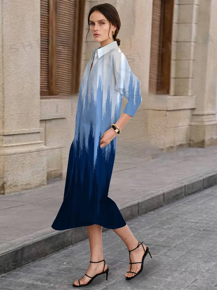 

2024 New Spring Autumn Women Fashion Printed Long-Sleeved Lapel Dress Daily Street Urban Casual Front Button-Down Shirt Dress