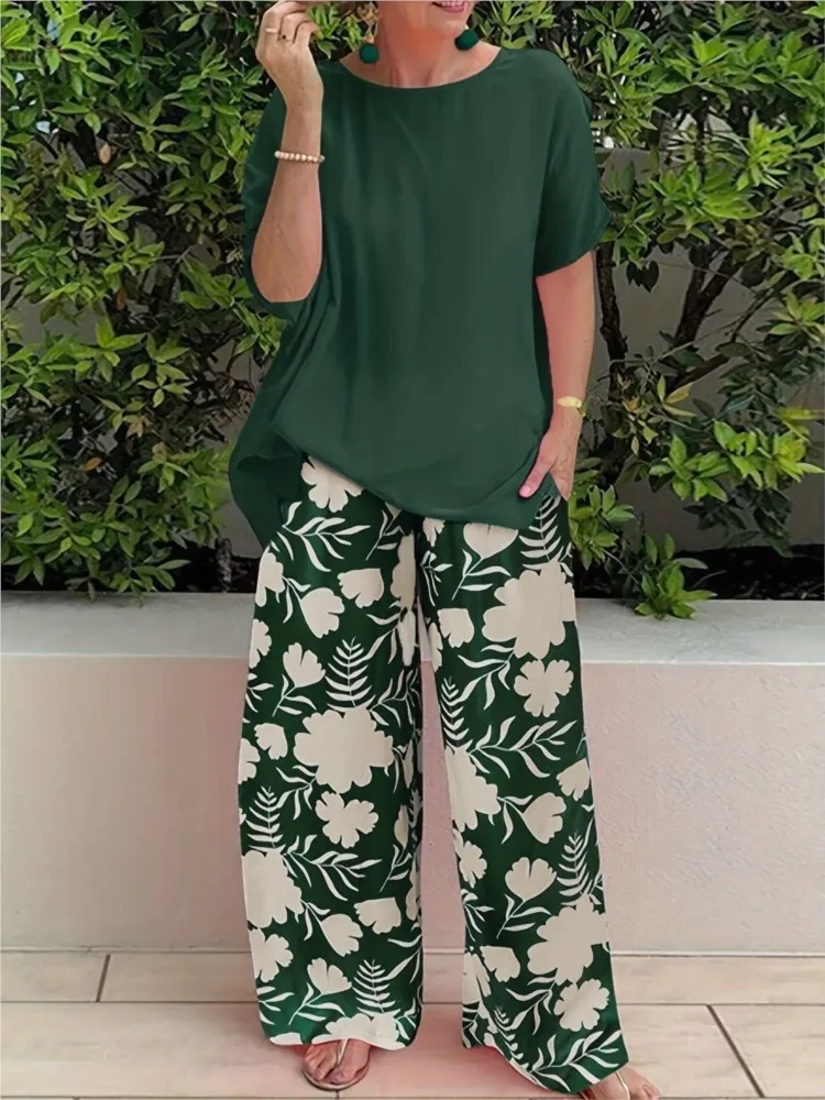 Set casual da donna Top a maniche corte larghi solidi e pantaloni lunghi a gamba larga con stampa Set da 2 pezzi per le donne Abiti estivi da donna