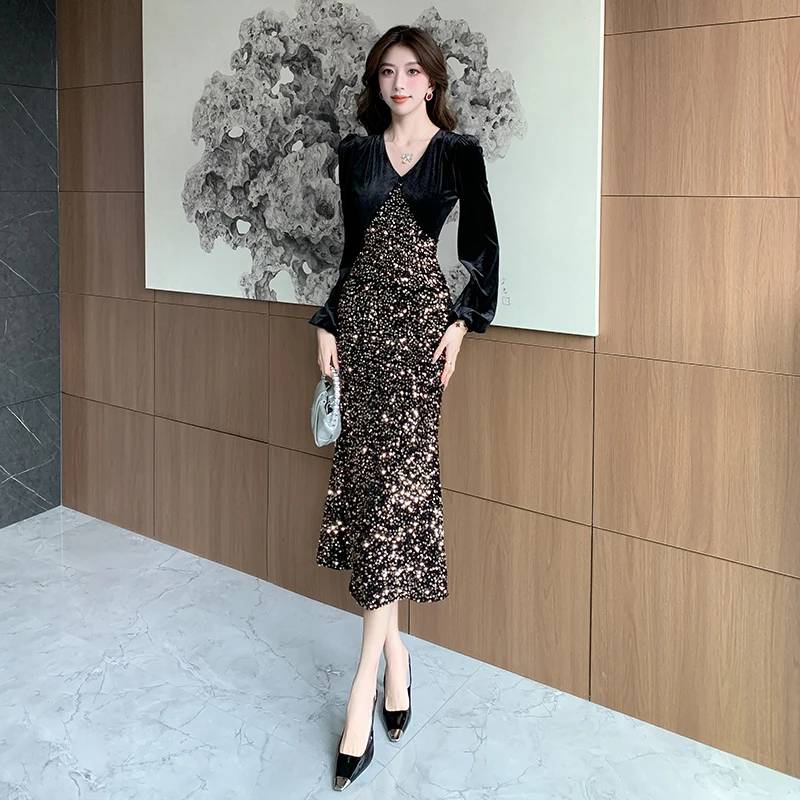 2024 Autumn Winter Prom Party Midi Clothes Elegant Women V Neck Velvet Spliced Sequin Puff Sleeve Split Bodycon Evening Dresses