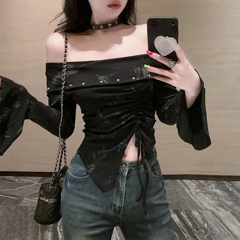 Blouse T-shirt Women Spring/Autumn Off-the-shoulder Bell Sleeves Drawstring New Comfortable Minimalist Fashionable Niche Casual