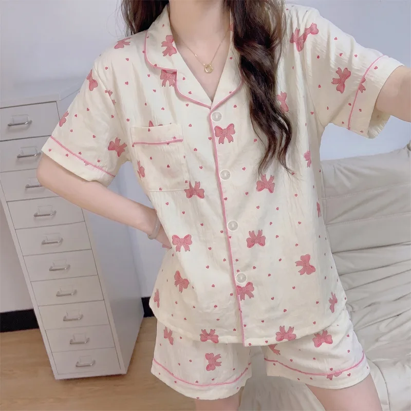 Neues Mädchen-Pyjama-Set mit Schleife, Kurzen Ärmeln und Shorts, Sommerlich Dünn, Modisch Locker und Atmungsaktiv, Lässige Heimkleidung