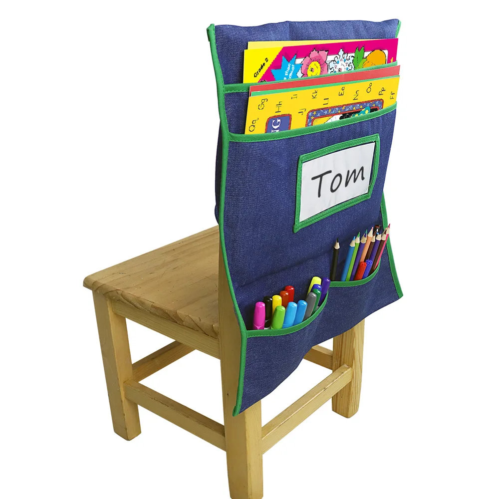 Washable Denim Student Chair Cover Classroom Supplies Seat Back Storage Bags Primary School Educational Learning Books Organizer