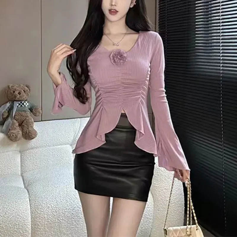 Women's Autumn New Style Fashion Simplicity Solid Color V-neck Long Sleeve Shirts Women Clothes Elegant All-match Slim Tops