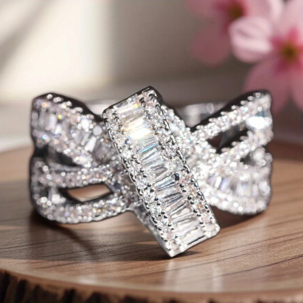 1Pc Shiny Gorgeous Cross Ladder Synthetic Zirconia Ring Girls Ladies High Quality Jewelry Gift Anniversary Ring Valentine's Day Gift