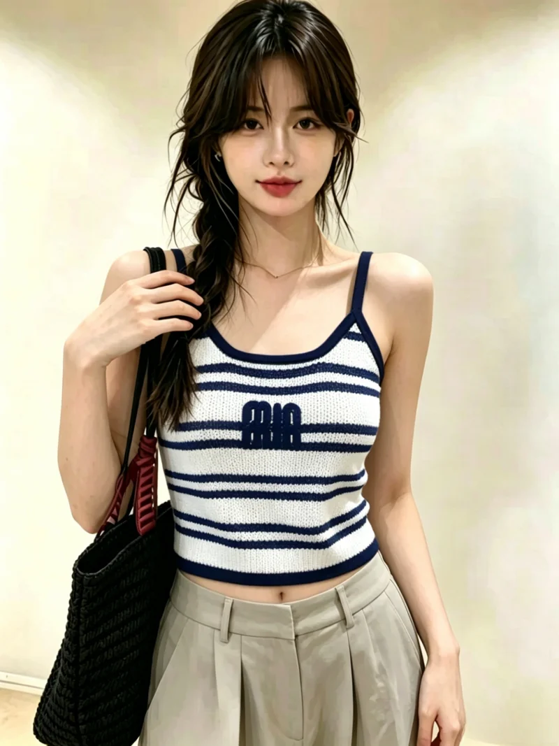 

Embroidered Stripe Knitted Crop Top Women's Summer New Style Age-Defying Vest Self-Keeping Color Block Letter Design