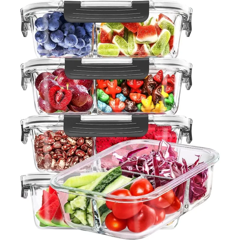 

5-Packs 36OZ Glass Airtight Food Storage Containers 3 Compartments, Glass Meal Prep Container Set with Lids for Pantry Kitchen