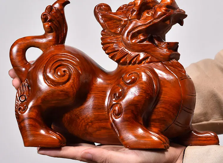 A PAIR # Large GOOD HOME SHOP efficacious Mascot lucky Auspicious Money ZHAO CAI PI XIU Handmade Rosewood Wood carving statue