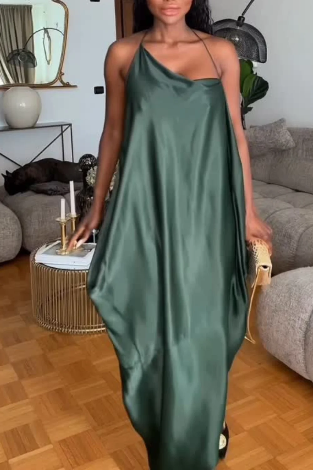 Women's Dark Green Asymmetrical Sleeveless Long Dress Summer Sexy Backless Fashion Slanted Collar Female Decorative Clothing