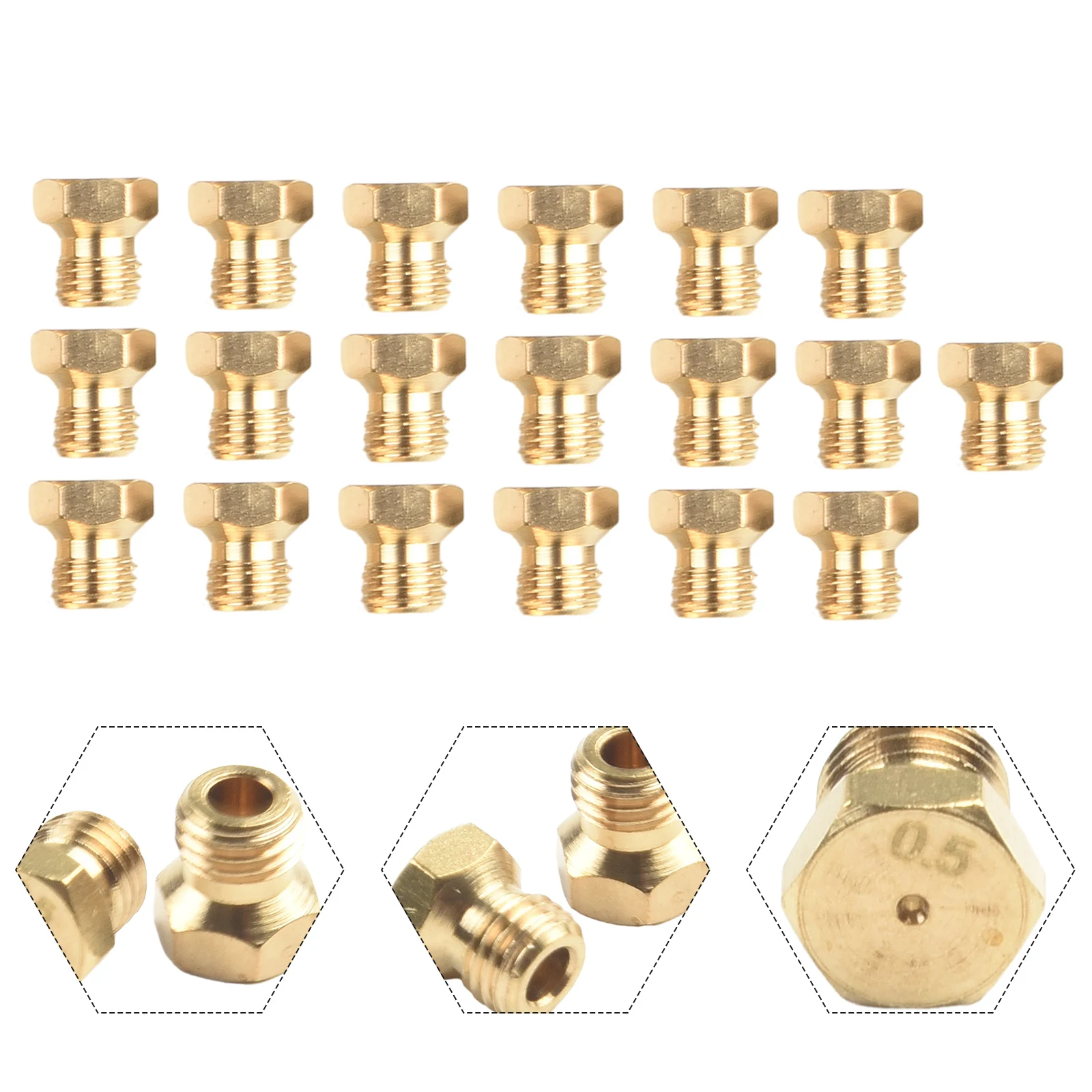 20Pcs Brass Jet Nozzle M6x0.75 Thread 0.5mm Orifice LP Gas Burner Replacement Parts Kit For Outdoor BBQ Grill Natural Gas Conver