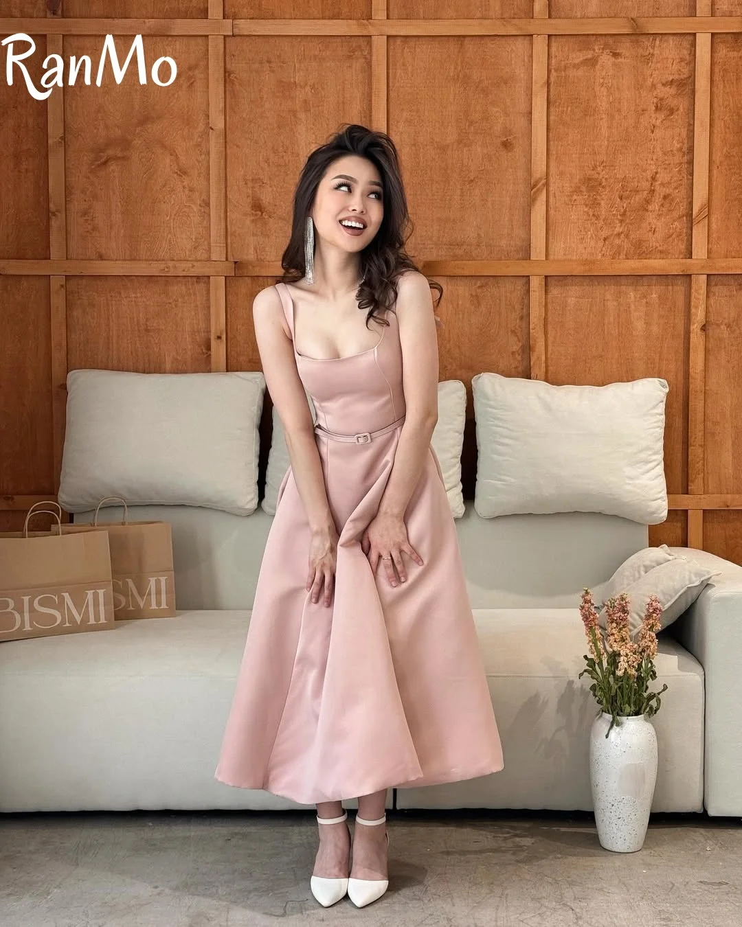 Ranmo 2025 Abito lungo con nodo a farfalla Abito lungo aderente in vita Elegante abito da sera stile donna Cintura Colletto quadrato Lunghezza caviglia Personalizzato