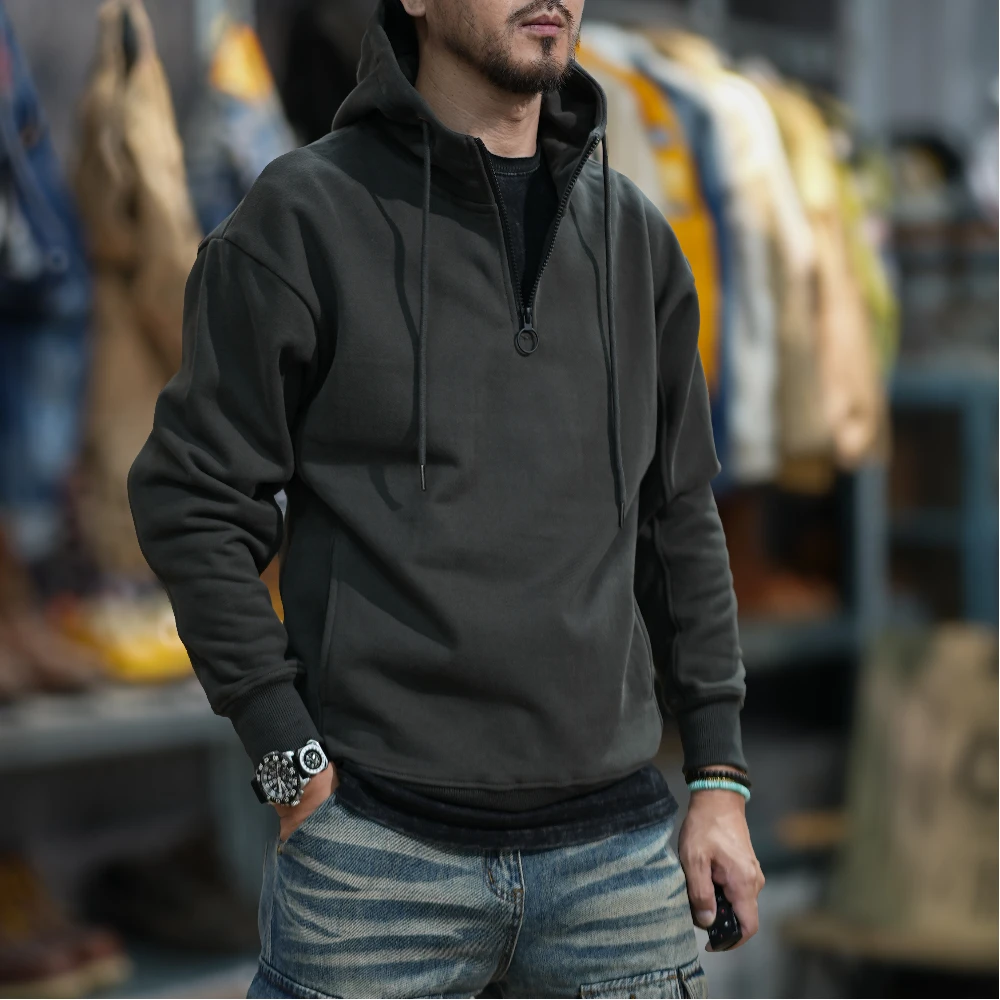 Hipster Autumn-winter heavy American retro hoodie men\'s hooded zipper thick loose pullover jacket