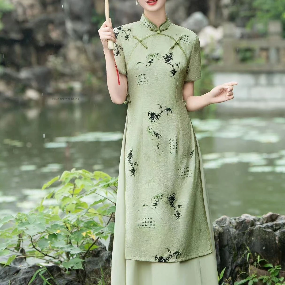 Gaun wanita, Gaun gadis muda harian Retro baru motif bunga musim panas hijau Tiongkok elegan Ao Dai Wanita tradisional Vietnam