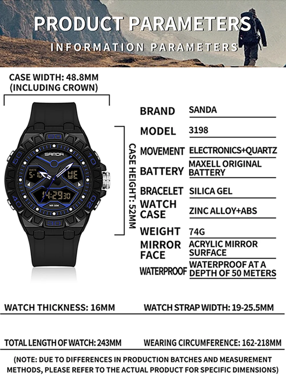 SANDA جديد 3198 ساعة إلكترونية للرجال النسخة الكورية شاشة مزدوجة رياضية متعددة الوظائف مقاوم للماء ساعة إلكترونية للرجال 2025