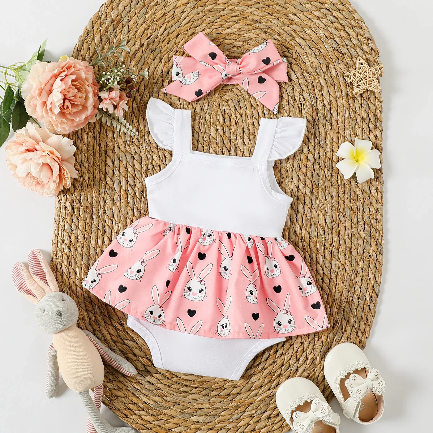 PatPat 2pcs Baby Girl Rabbit Print Flutter-sleeve Faux-two Romper & Headband Set Suitable for Summer Season