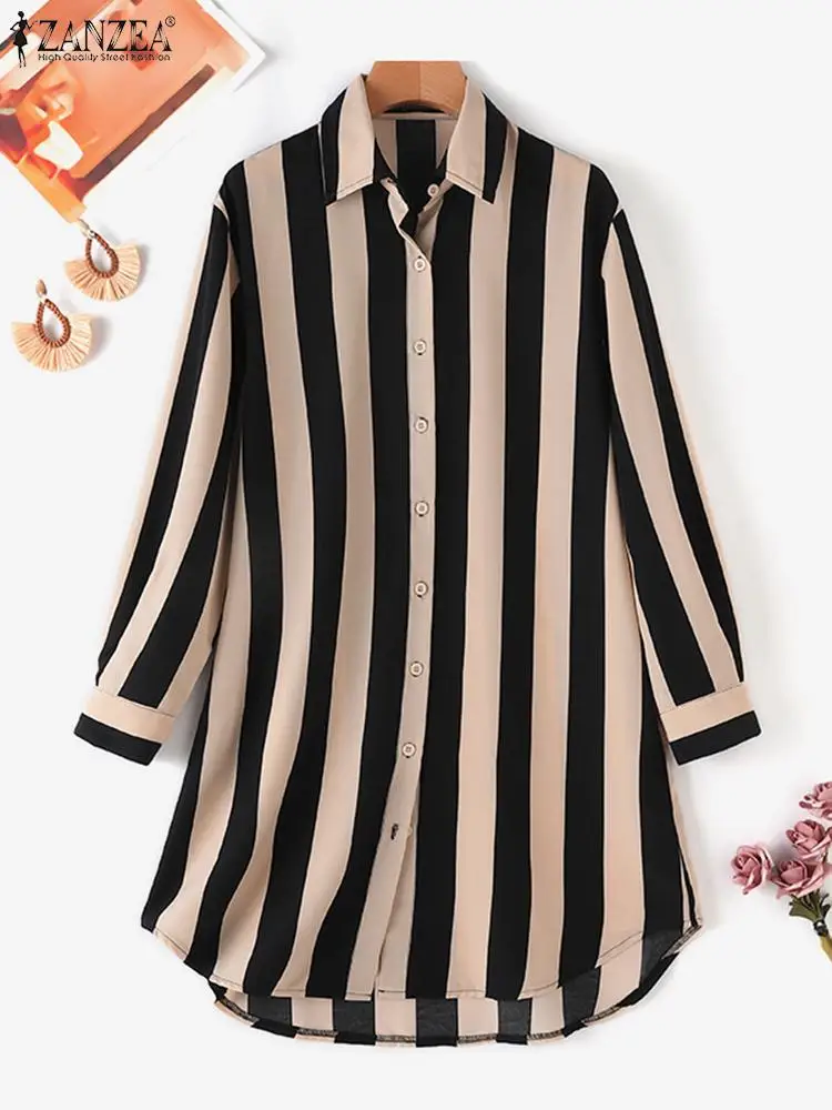 2024 ZANZEA Fashion Dubai Turkey Abaya Shirt Blusa Elegant Women Long Sleeve Striped Blouse Vintage Muslim Tops Islamic Clothing