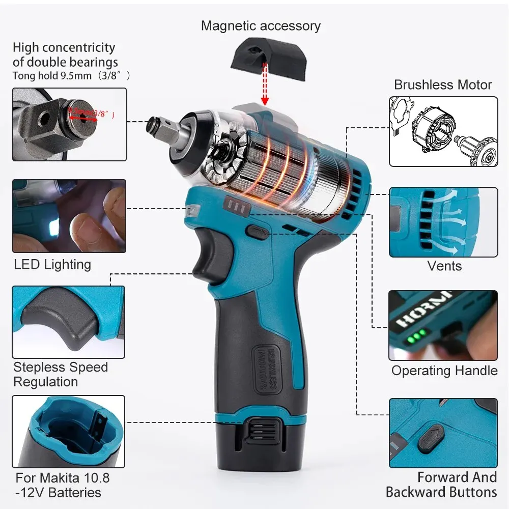 Hormy Brushless 120N.m Electric Impact Wrench 3/8 Inch Mini Matching Magnet Cordless Torque Power Tools For Makita 10.8V Battery