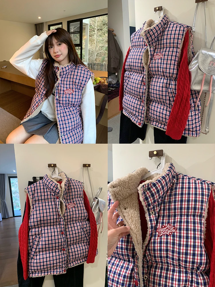 

Двусторонняя клетчатая куртка из овечьей шерсти, женская свободная теплая хлопковая жилетка в корейском стиле, милая школьная жилетка с вышивкой