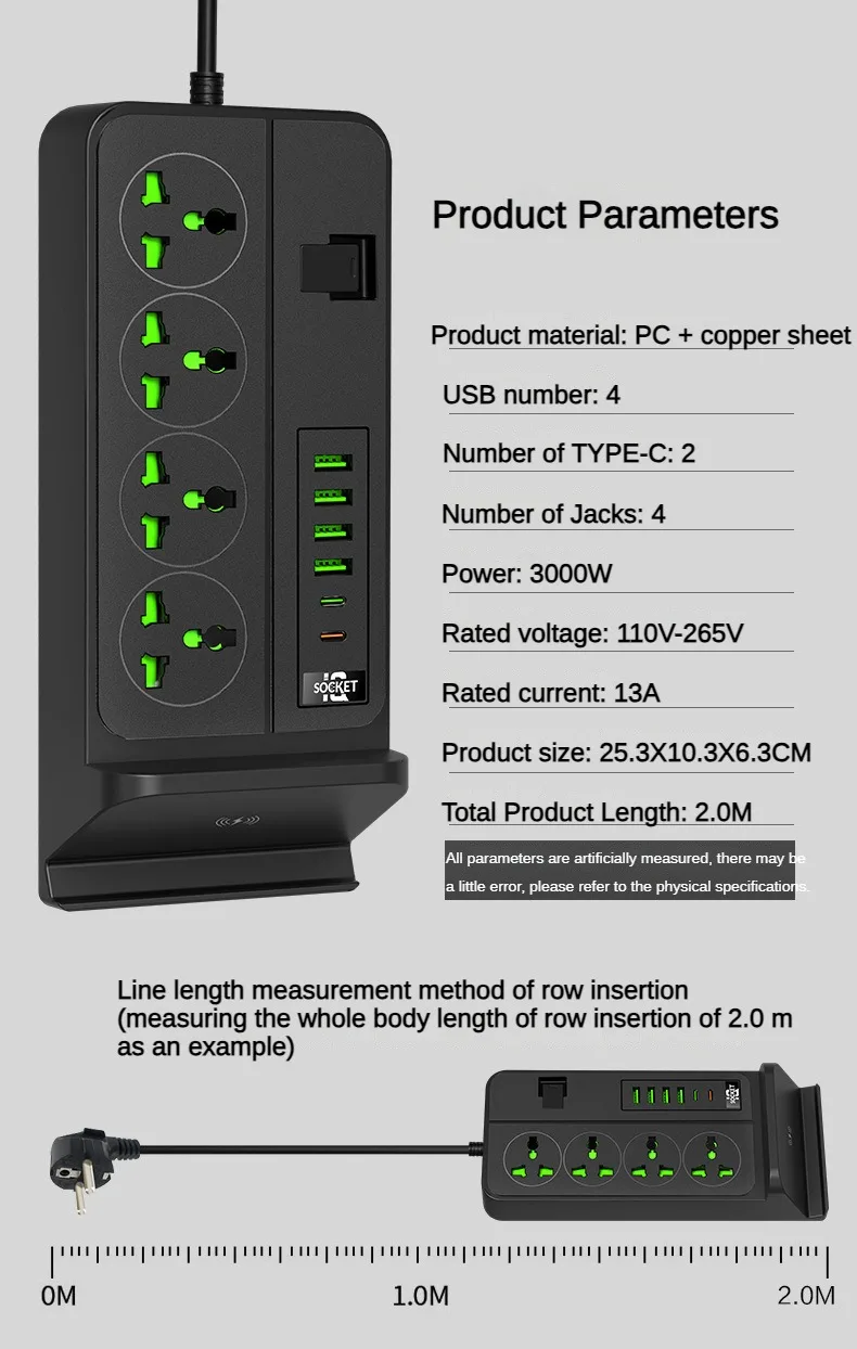 4 беспроводных зарядных розетки 3000 Вт, высокая мощность, с USB-разъемом, многофункциональный удлинитель для Великобритании и США, многоразъемный, для дома и офиса