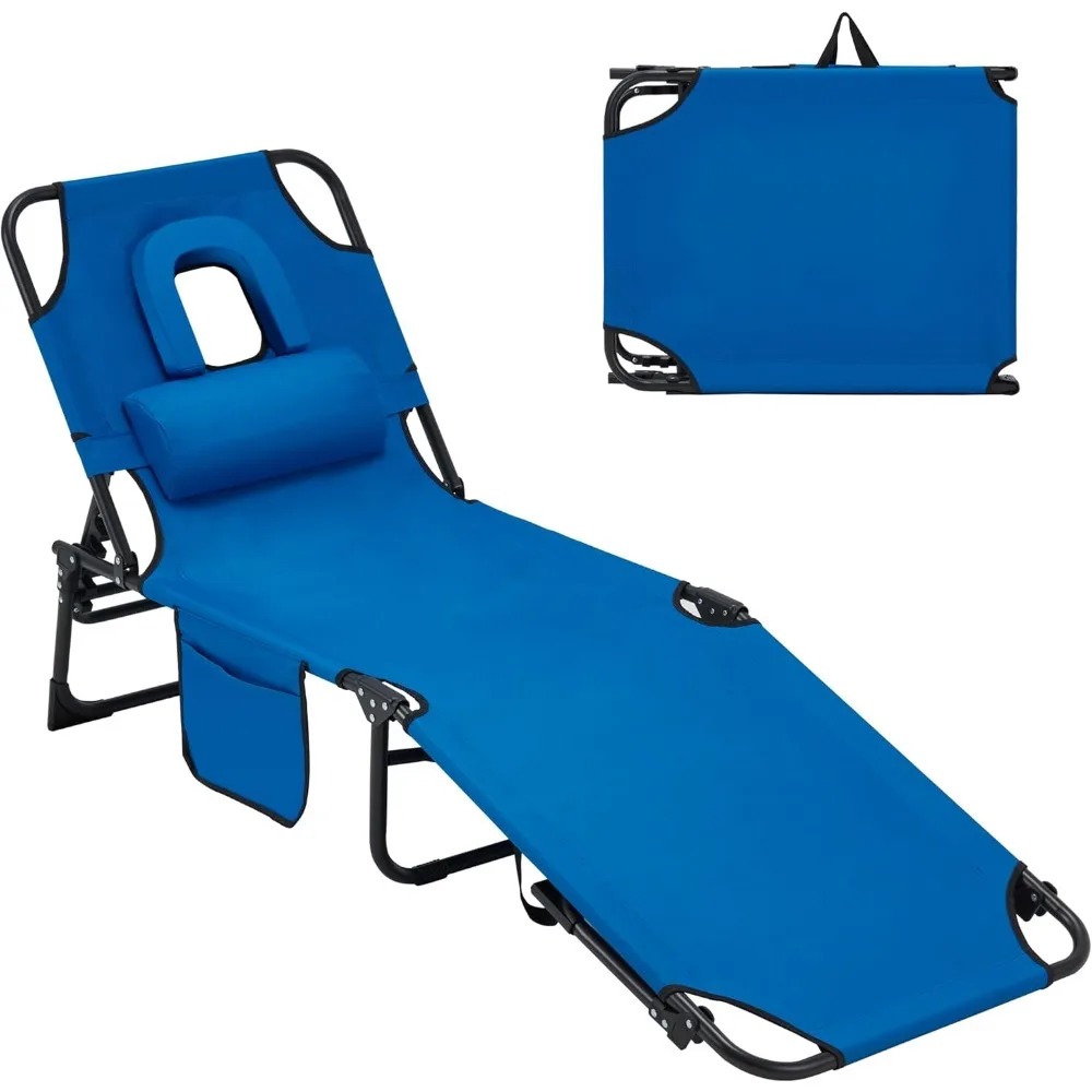 

5-Fold Lounge Chair, Outdoor Tanning Chair with Face Hole, Support 450lbs, Non-Slip Foot & Portable Handle, 2 Function Pockets