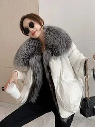 Women Spliced White Duck Down Jacket Outwear Fox Fur Collar Detachable Casual Autumn Winter New Puffer Jacket Lady Fur Coat