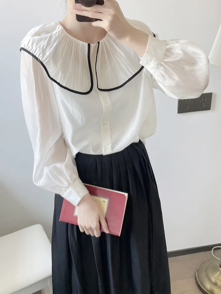 

Japan Style Pleated Ruffle Edge Doll Collar Shirt Sweet And Fashion All Match Sheer Shirt Women 2024 Spring Summer X778