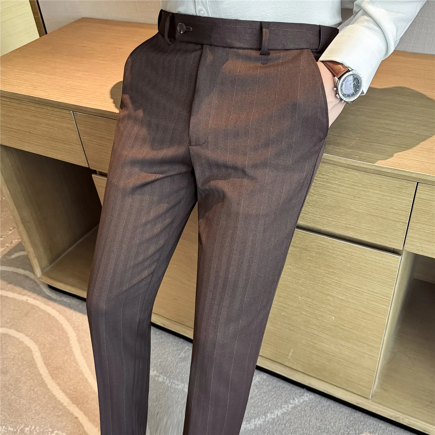 

Wool Pants Men High Quality Winter Thick Warm Elastic Waist Mens Dress Suit Pants Slim Fit Business Formal Full Length Trousers