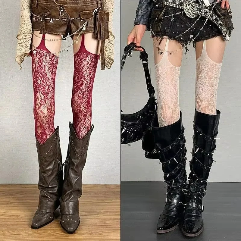 2026 Neue Sexy Spitzen-Strumpfhalter mit Blumenmuster, Overknee-Strümpfe, Y2K Netzstrumpfhose für Damen, Lingerie Leggings