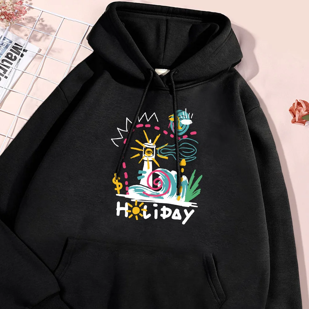 Cartoon Wave Lighthouse Hoodie Men Autumn New Fleece Hoodies Soft Comfort Pullover Oversize Loose Hoody Flexible Clothing