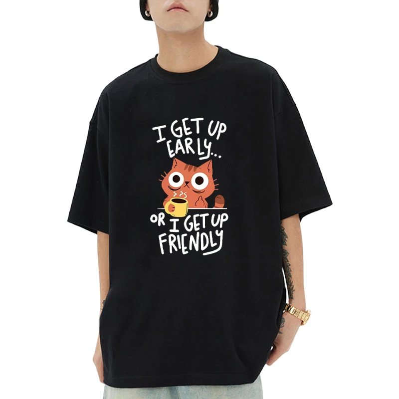 

Morning Cat Coffee Cat printed short sleeve T-shirts Men Women Vintage O-Neck Clothing Cotton Hip Hop plus size tops Unisex