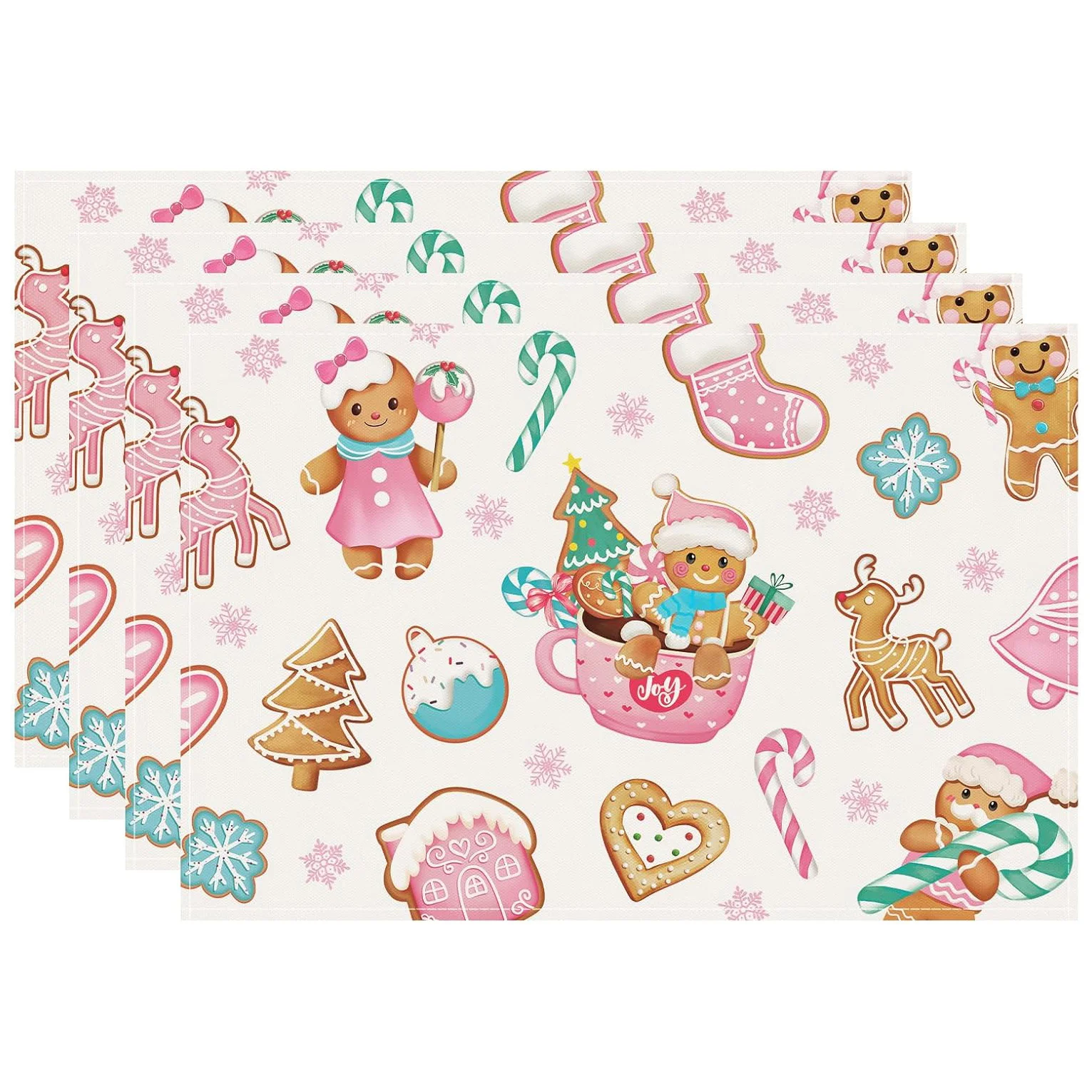 4pcs,Christmas Gingerbread for Man Placemats, Pink Xmas Candy Cane House Tree Kitchen Dinning Table Mats Place Mats for Indoor