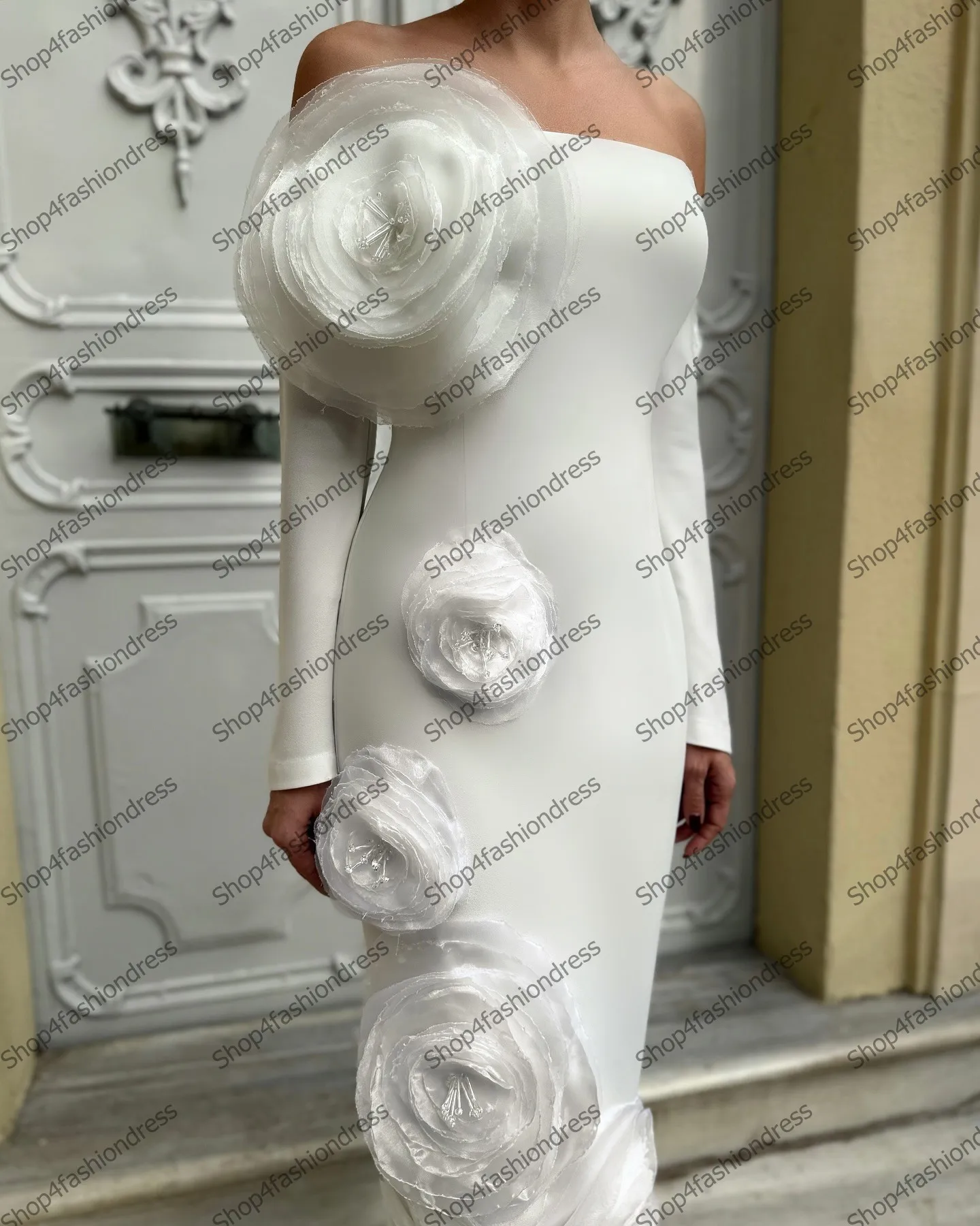 ชุดเดรสออกงานปาร์ตี้แบบมีดีไซน์เปิดไหล่ ลายดอกไม้ ความยาวปานกลาง แขนยาว ประดับดอกไม้ทำมือจากผ้าซาติน ดีไซน์ไม่ซ้ำใคร สำหรับผู้หญิง ชุดเดรสสำหรับโอกาสพิเศษ