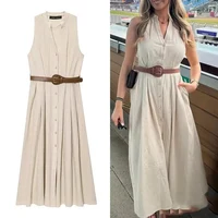 2025 vestido plisado mujer cinturón sin mangas vestidos largos para mujer Casual verano vestido Midi mujer vacaciones vestido de mujer