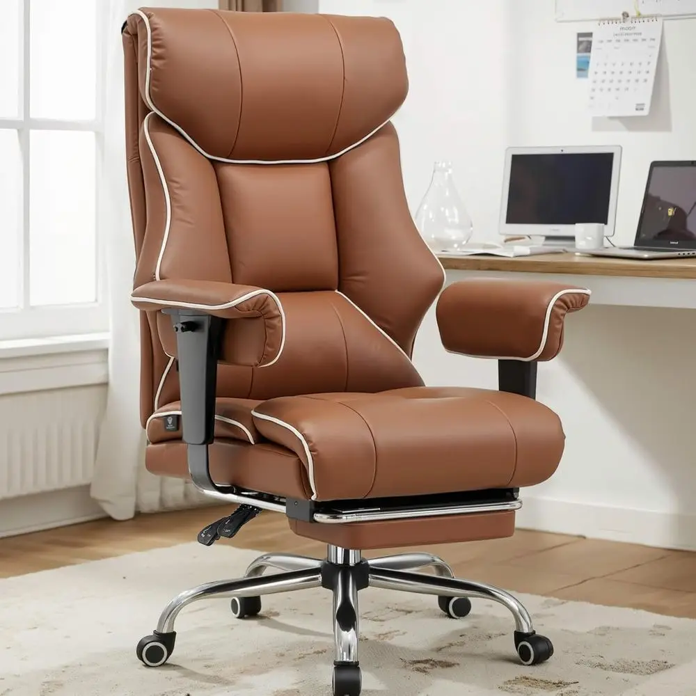 High-Back Leather Executive Chair 400lbs Capacity, Ergonomic Lumbar Support, for Lower Back Pain Relief, with Footrest, Brown