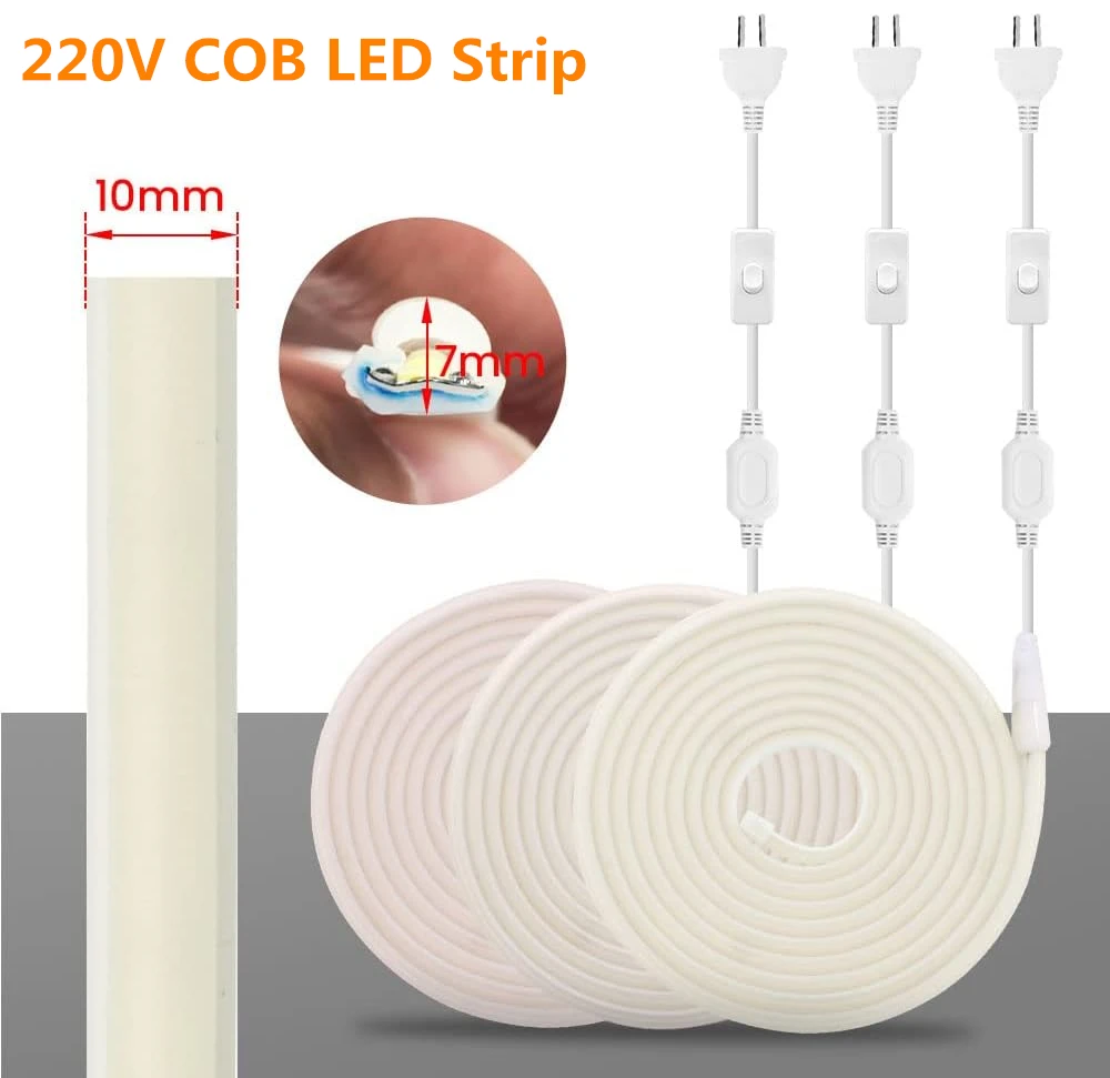 

220V AU EU Switch Plug COB LED Neon Strip Light Flex 288LED/M Waterproof Led Ribbon Home Garden Lighting 1M 5M 10M 20M 30M 50M