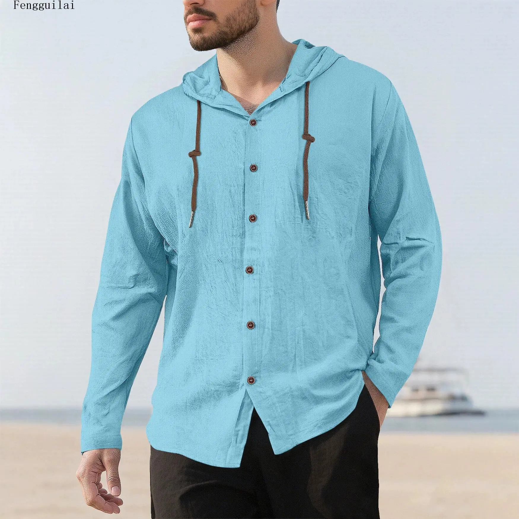 Men Hooded Linen Shirt Long Sleeve Drawstring Hood Button Down Casual Lightweight Solid Color Loose Fit Blouse Tops