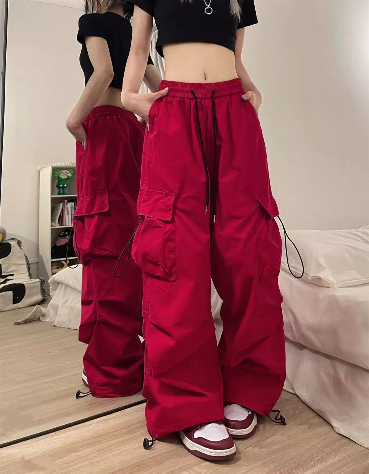 American Style Quick Dry Work Pants Women's Spring Autumn 2023 New Small Size High Waist Wine Red Wide Leg Casual Sports Pant...