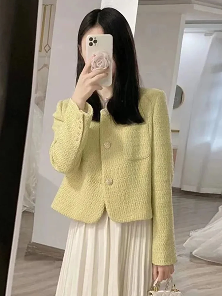 

Jmprs Тонкая женская милая твидовая куртка в Корейском стиле, осень-зима, короткое пальто с длинными рукавами, повседневные женские элегантные топы в стиле ретро с круглым вырезом