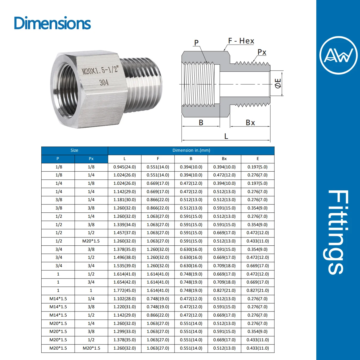 AW® 304 Stainless Steel Hex Adapters Connector Female To Male Pipe Fitting Thread BSP 1/8