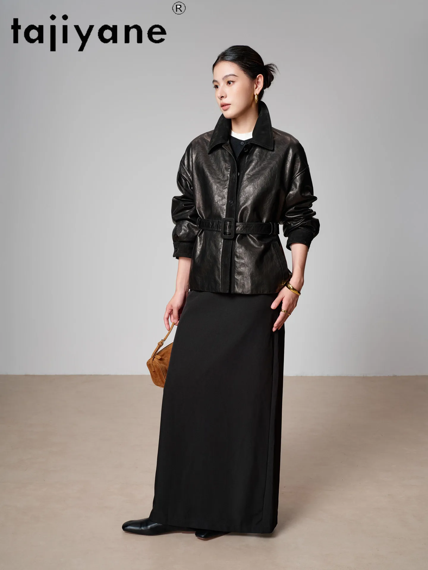 TAJIYANE Oil‑Waxed Sheepskin Genuine Leather Jacket Woman Short Loose Coat Fashion Belted Coats Autumn Women Clothing 2026 가죽자켓