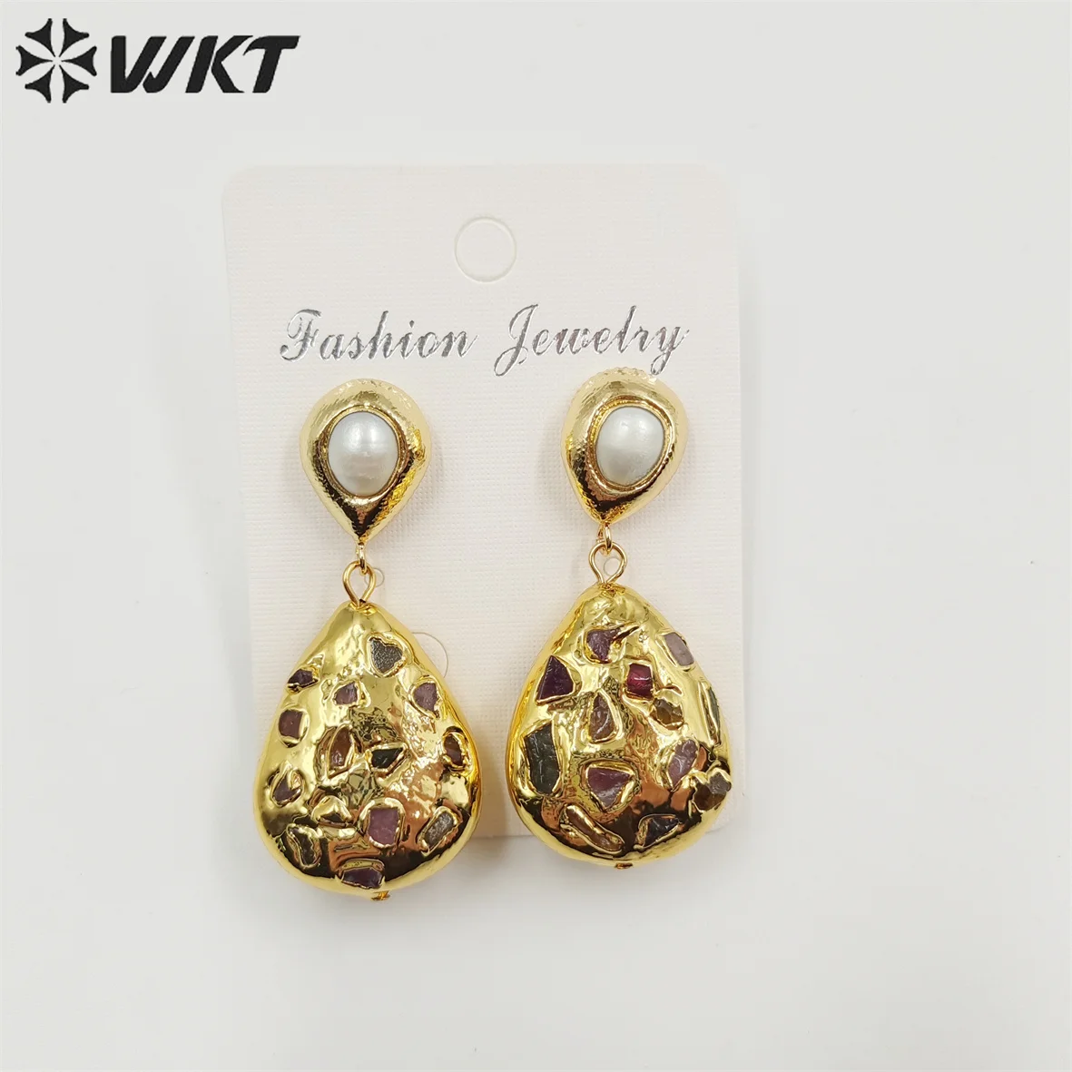 

WT-MPE088 WKT NEW Design 18K Real Gold Plated Teardrop Rubble Tourmaline Made Pearl Studs Earrings Gorgeous Charming Drop Shape