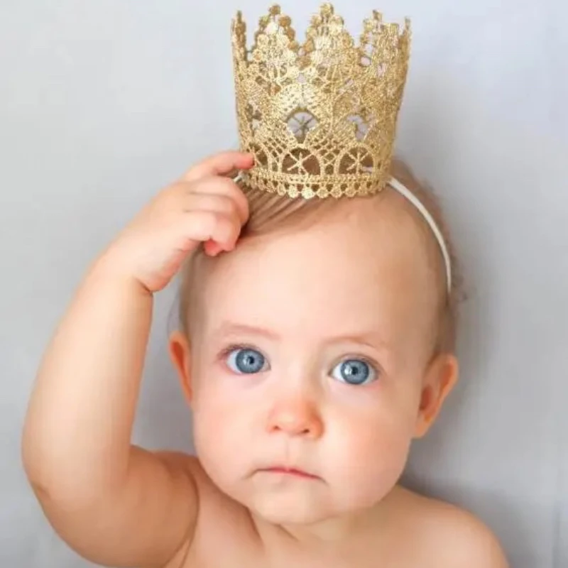 Yundfly Gold Lace 3D Crown Baby Headband Newborn Girls Elastic Tiara Hairband Birthday Gift Photography Props