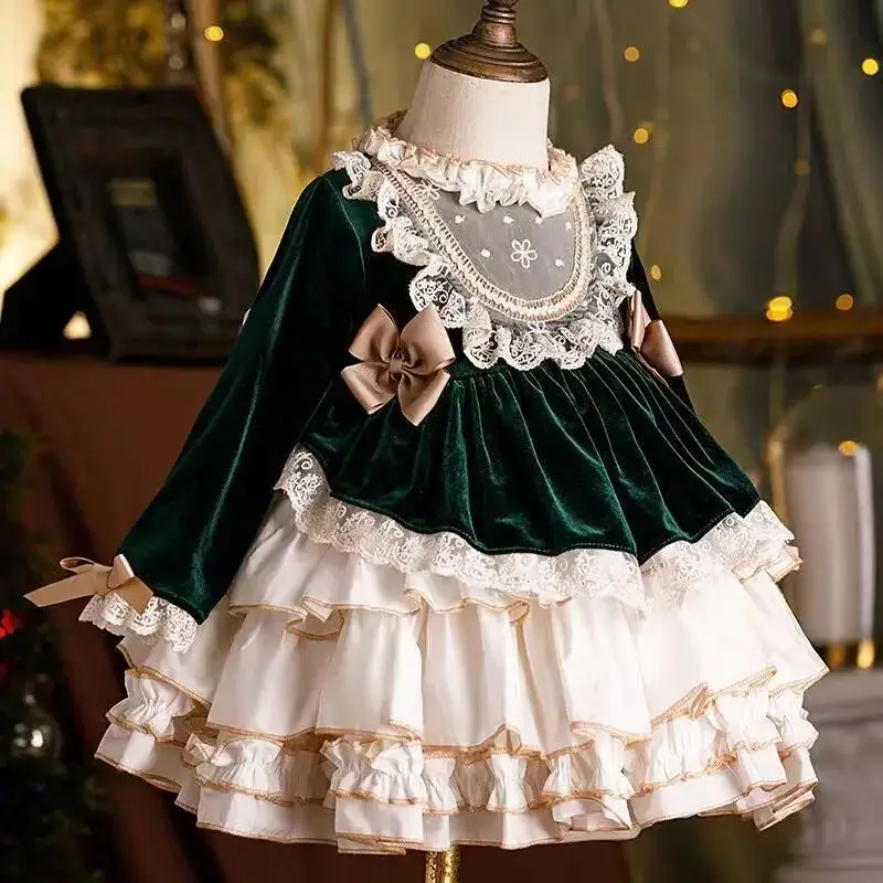 0-8-year-old children's birthday party Lolita bow long sleeved girl princess dress Christmas carnival fluffy baby evening dress