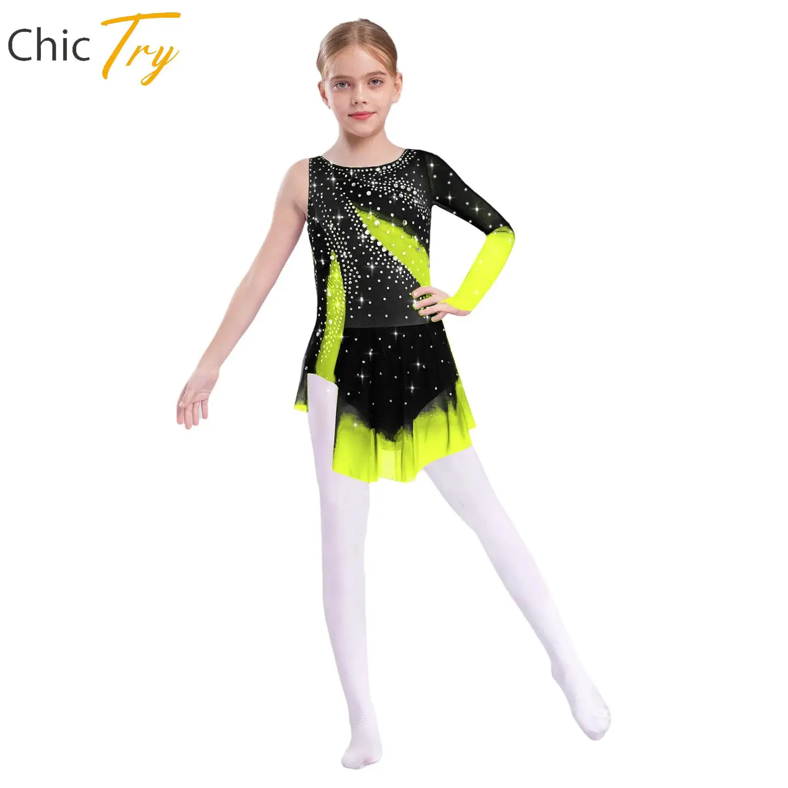 

Girls Modern Lyrical Dance Dress Figure Skating Costume Shiny Rhinestones Rhythmic Gymnastics Skirted Leotard with Tulle Skirts